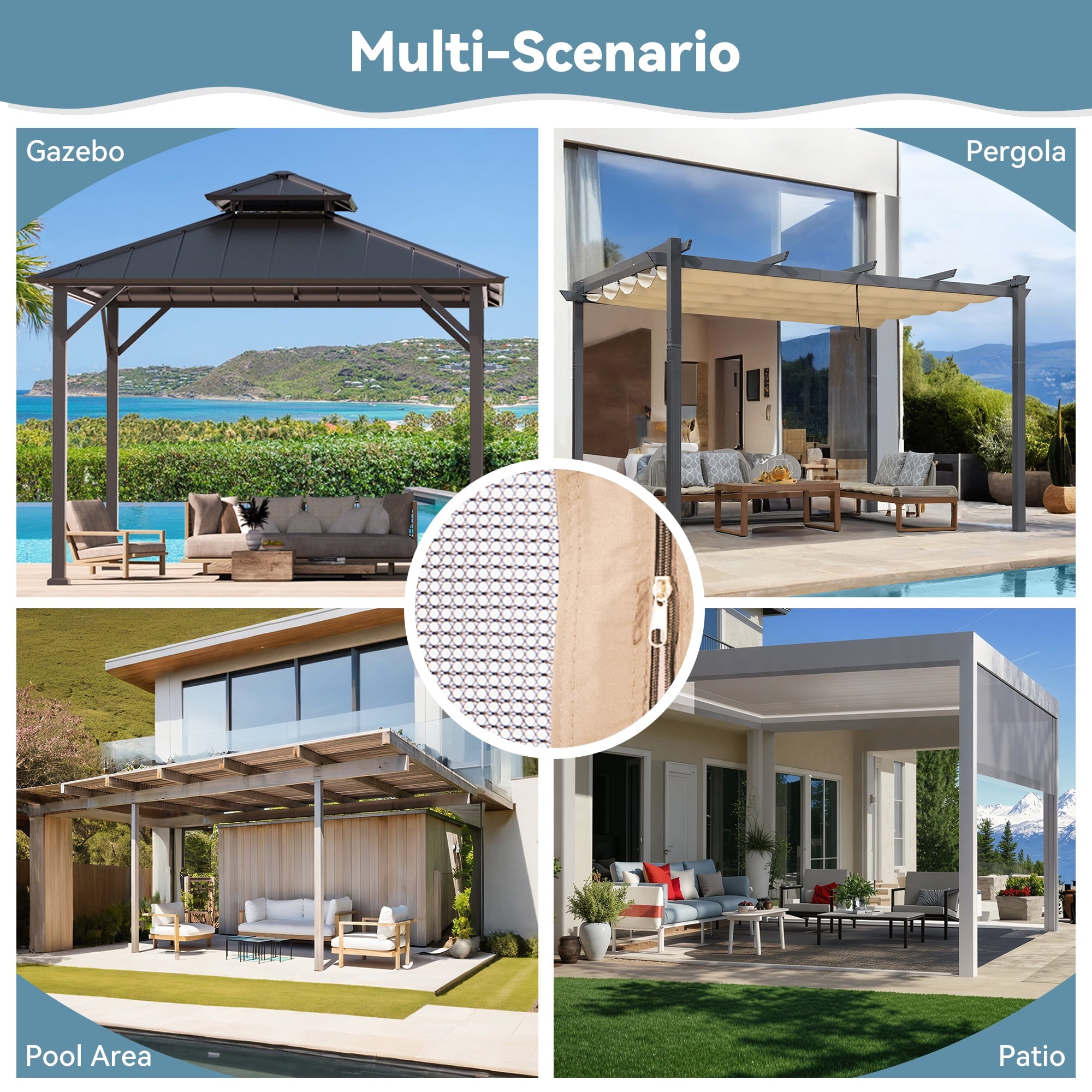 Covered Outdoor Gazebo Mosquito Netting Replacement - 12'x14' 4-Panel Double-Head Zipper Net Only