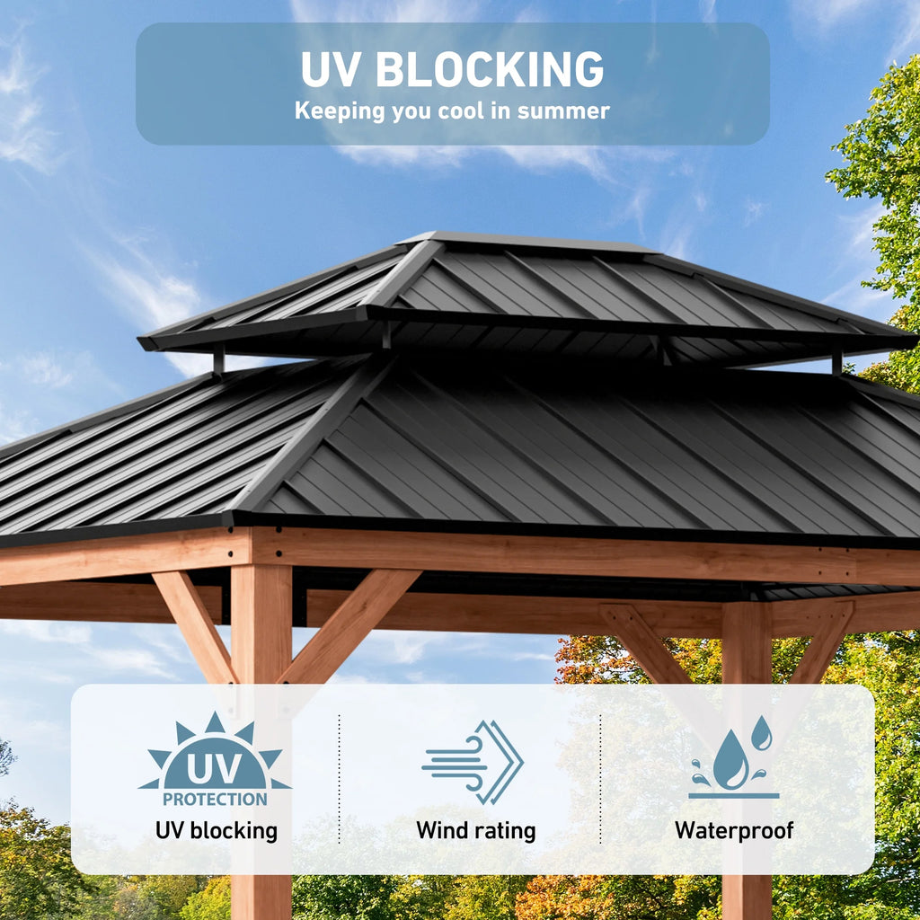 Modern Shade Rosewood 11'x13’ Hardtop Gazebo, Cedar Framed Rosewood Pavilion with Double Galvanized Steel Roof, Permanent Patio Gazebo for Outdoor Brown