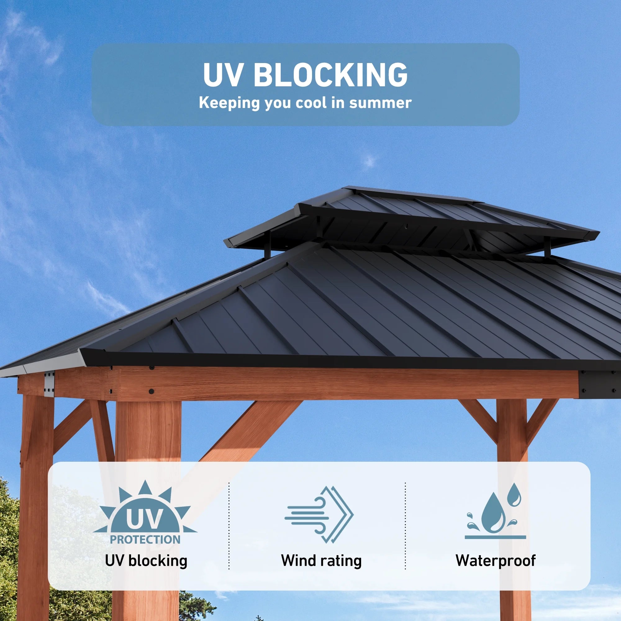 Modern Shade 10'x12' Cedar Wood Hardtop Gazebo with Double Steel Roof and Mosquito Net Rods