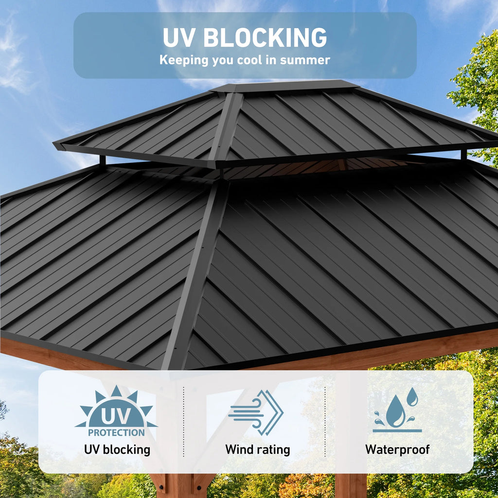 Modern Shade 13'x15' Rosewood Wood Gazebo Cedar Wood Framed Double Steel Roof for Garden Backyard