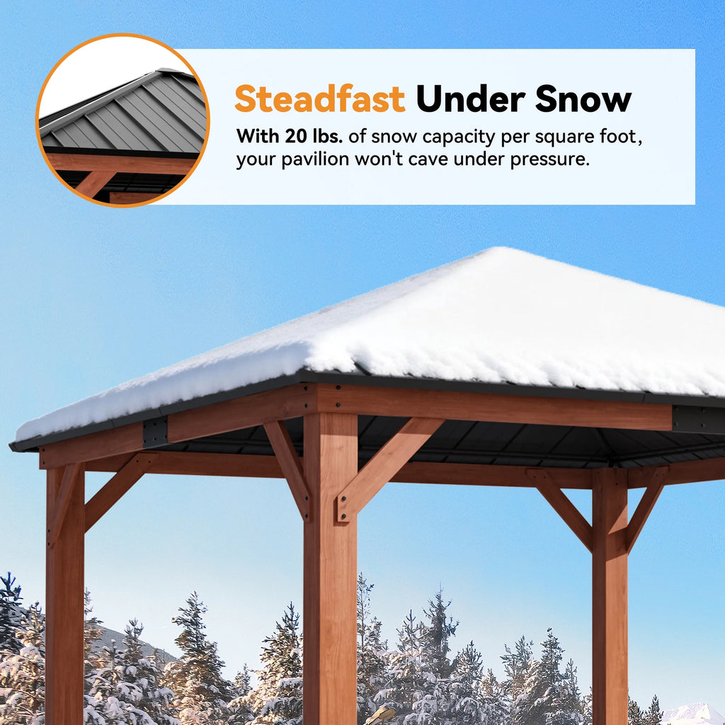 Modern Shade Tranquil Grove 12' x 12' Wood Gazebo - Polycarbonate Hip Roof Hardtop with Mosquito Netting & Curtains, Hooks