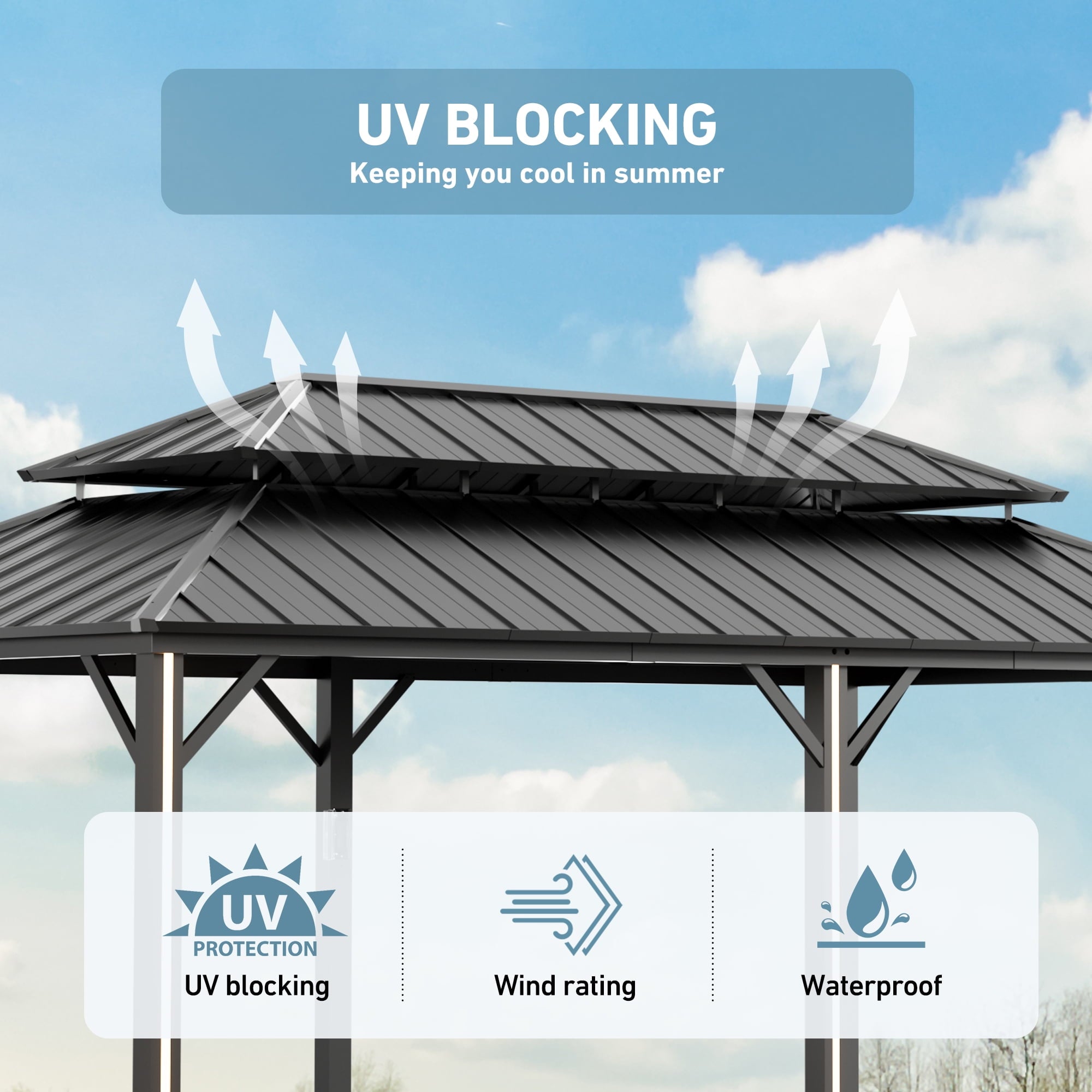 Modern Shade 12' x 20' Hardtop Gazebo with 4 LED Lights, Outdoor Gazebo with Double Galvanized Steel Roof，USB Charging Port Black