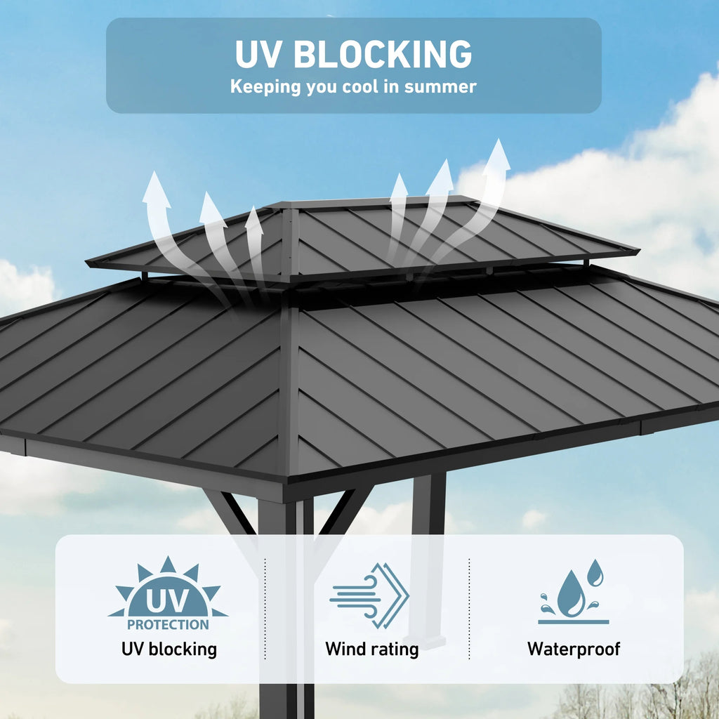 Modern Shade 12' x 16' Hardtop Gazebo with 4 LED Lights, Outdoor Gazebo with Double Galvanized Steel Roof，USB Charging Port Black