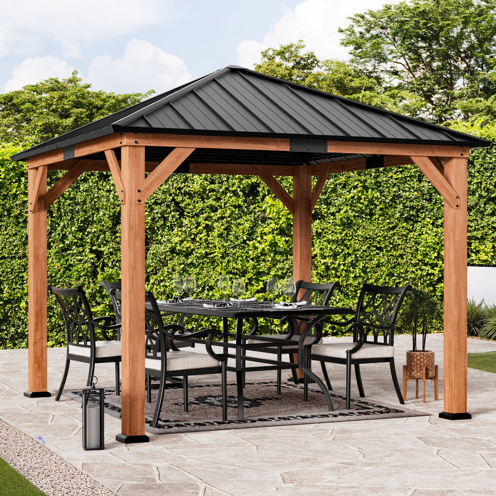 Modern Shade 10'x 10'Outdoor Cedar Wood Hardtop Gazebo with Galvanized Steel Roof for Patio or Backyard