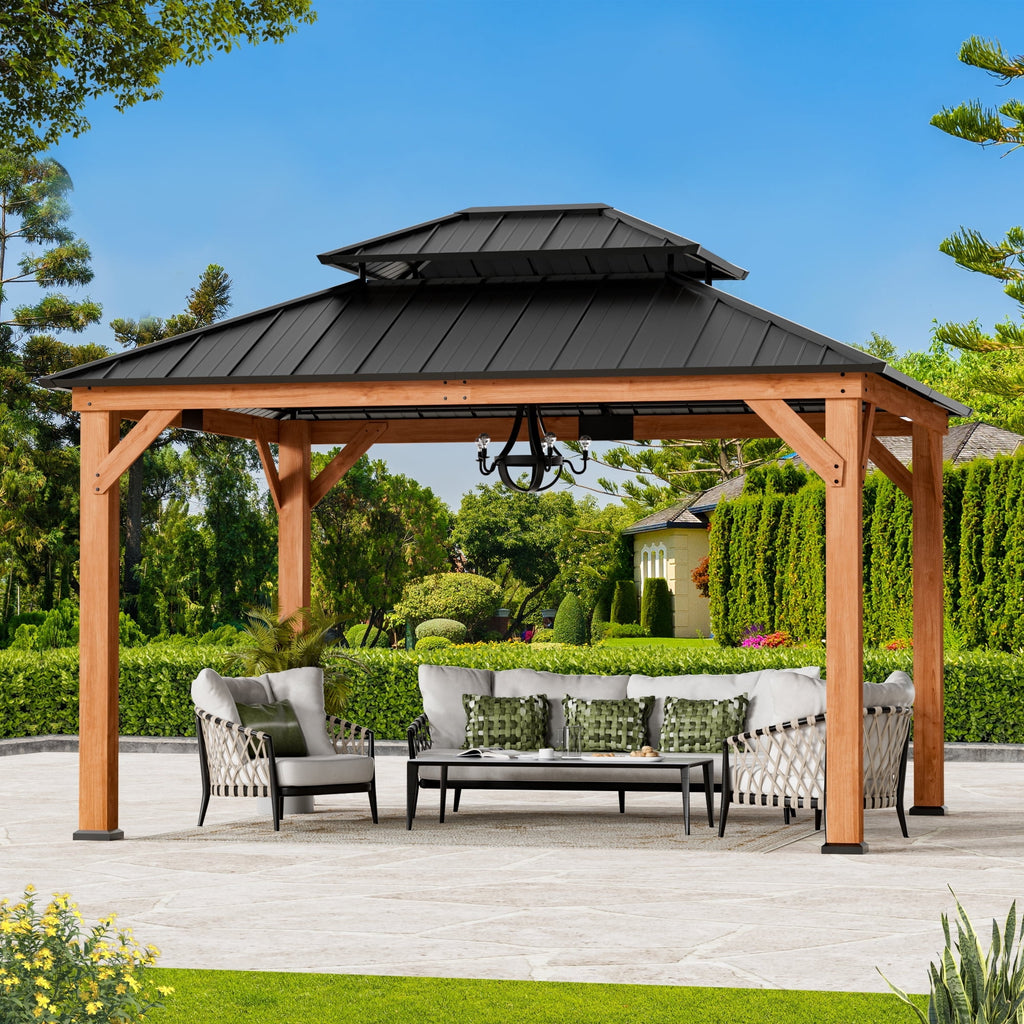 Modern Shade 10'x12' Cedar Wood Hardtop Gazebo with Double Steel Roof and Mosquito Net Rods