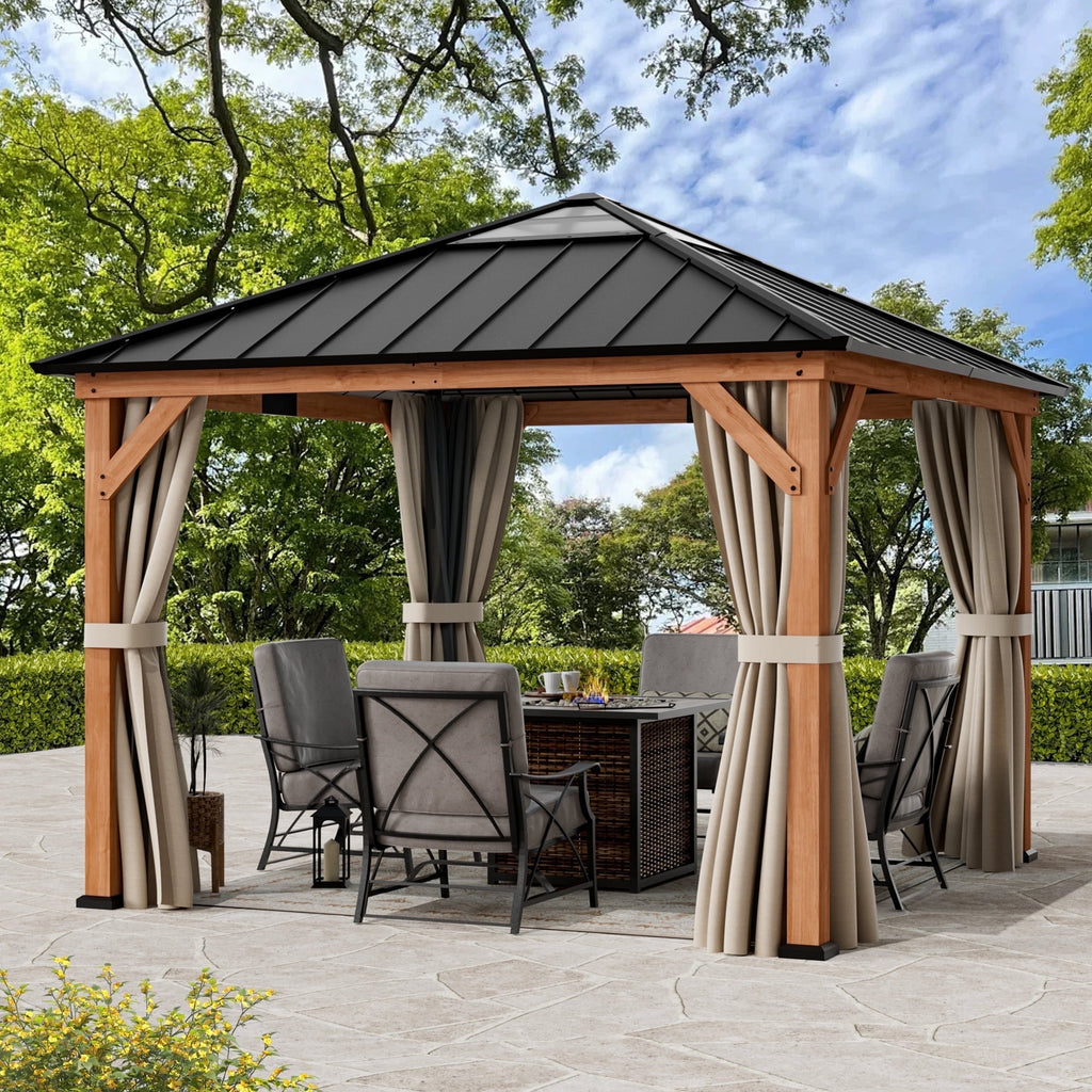 Modern Shade 11'x 11'Outdoor Cedar Wood Hardtop Gazebo with Galvanized Steel Roof and Mosquito Net for Patio Use