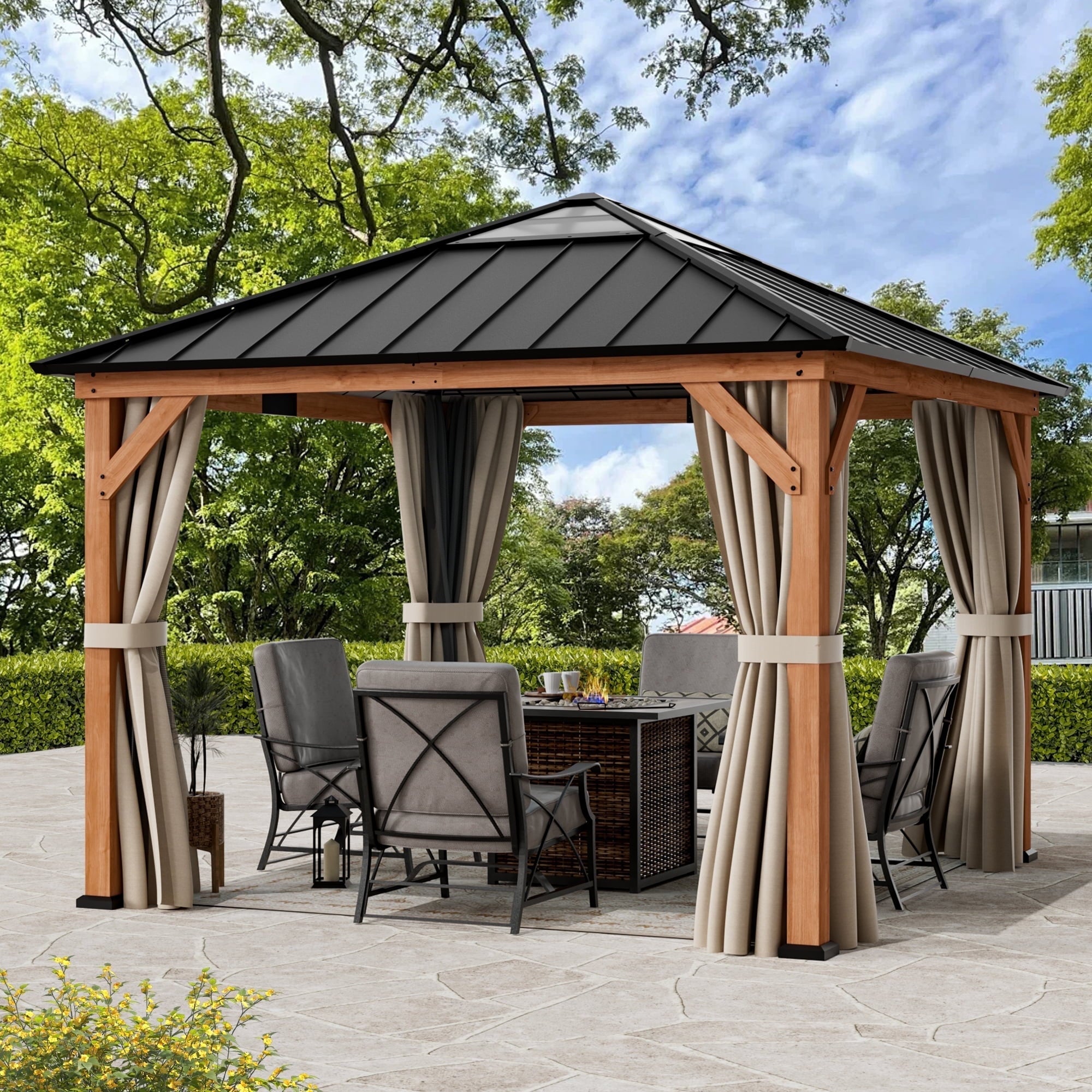Modern Shade 11'x 11'Outdoor Cedar Wood Hardtop Gazebo with Galvanized Steel Roof and Mosquito Net for Patio Use