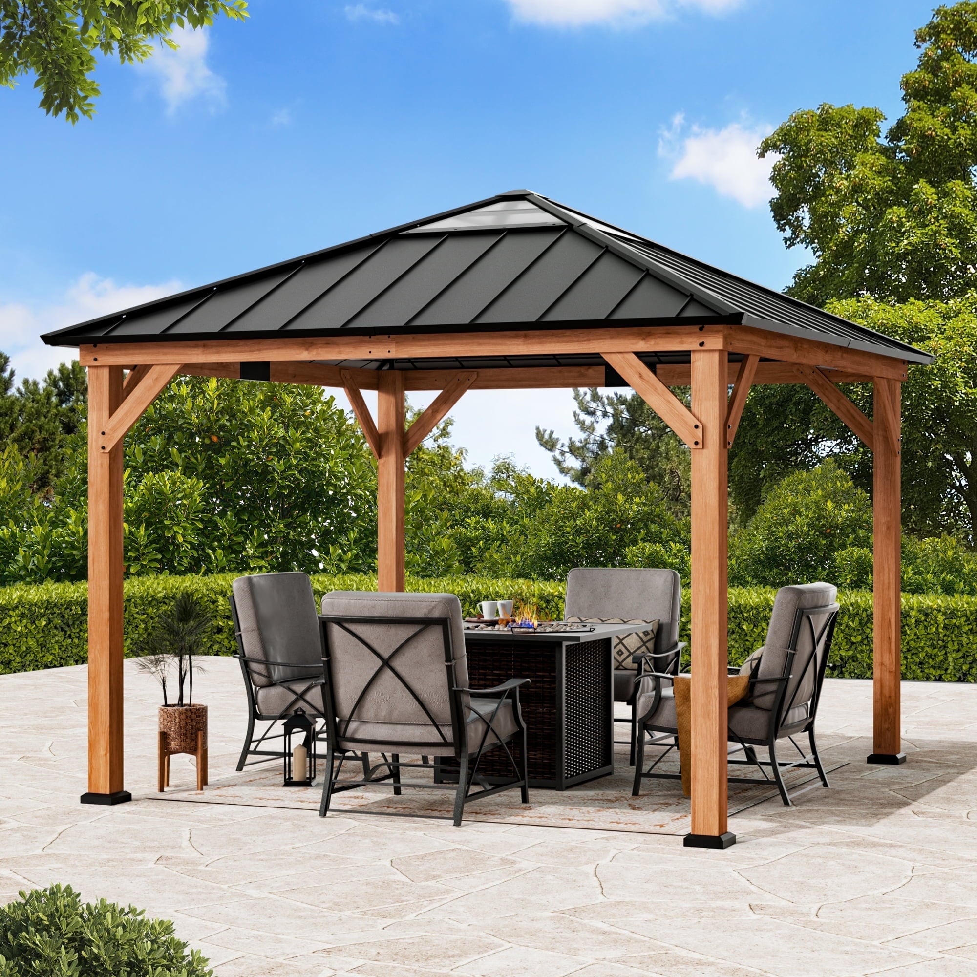 Modern Shade 11'x 11'Outdoor Cedar Wood Hardtop Gazebo with Galvanized Steel Roof and Sunshine Board for Patio Use
