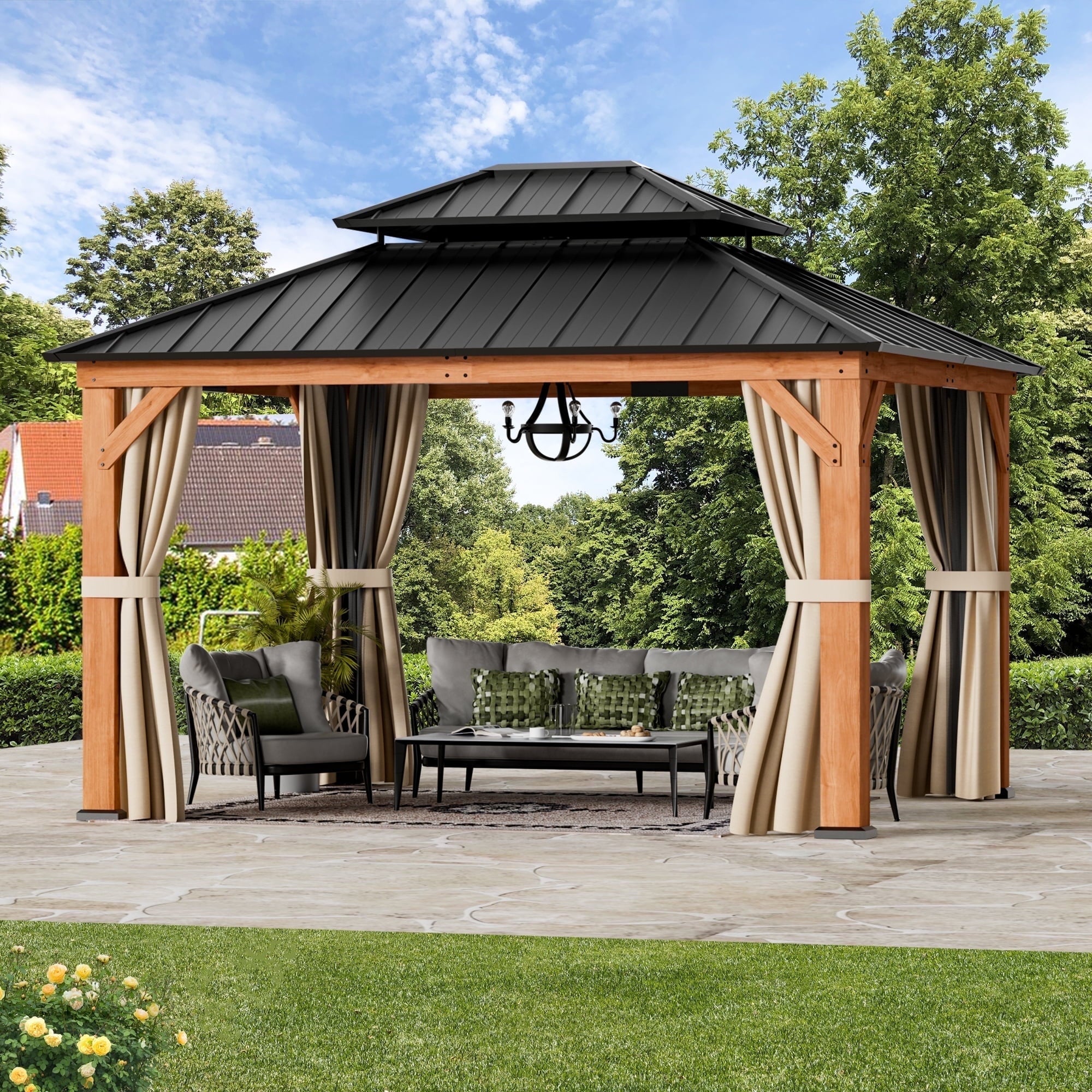Modern Shade 11'x13'Outdoor Cedar Wood Hardtop Gazebo with Double Steel Roof, Mosquito Net Rods for Backyard Use