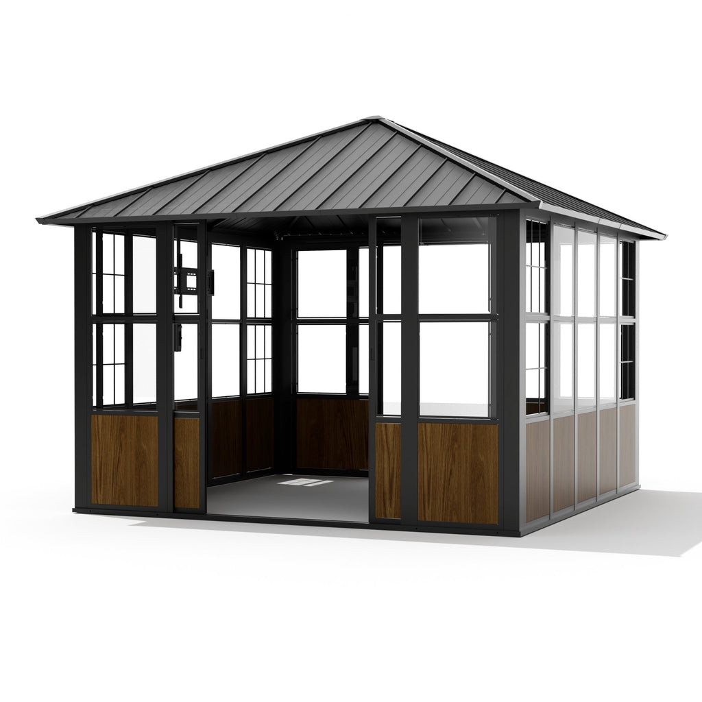 Modern Shade 12' X 12' Sunroom, Hardtop Gazebo Solarium with Detachable Windows & Light Galvanized Steel Double Roof