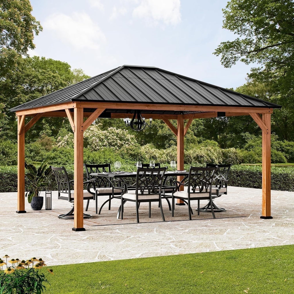 Modern Shade 12'x 14'Outdoor Cedar Wood Hardtop Gazebo with Galvanized Steel Roof for Patio or Backyard