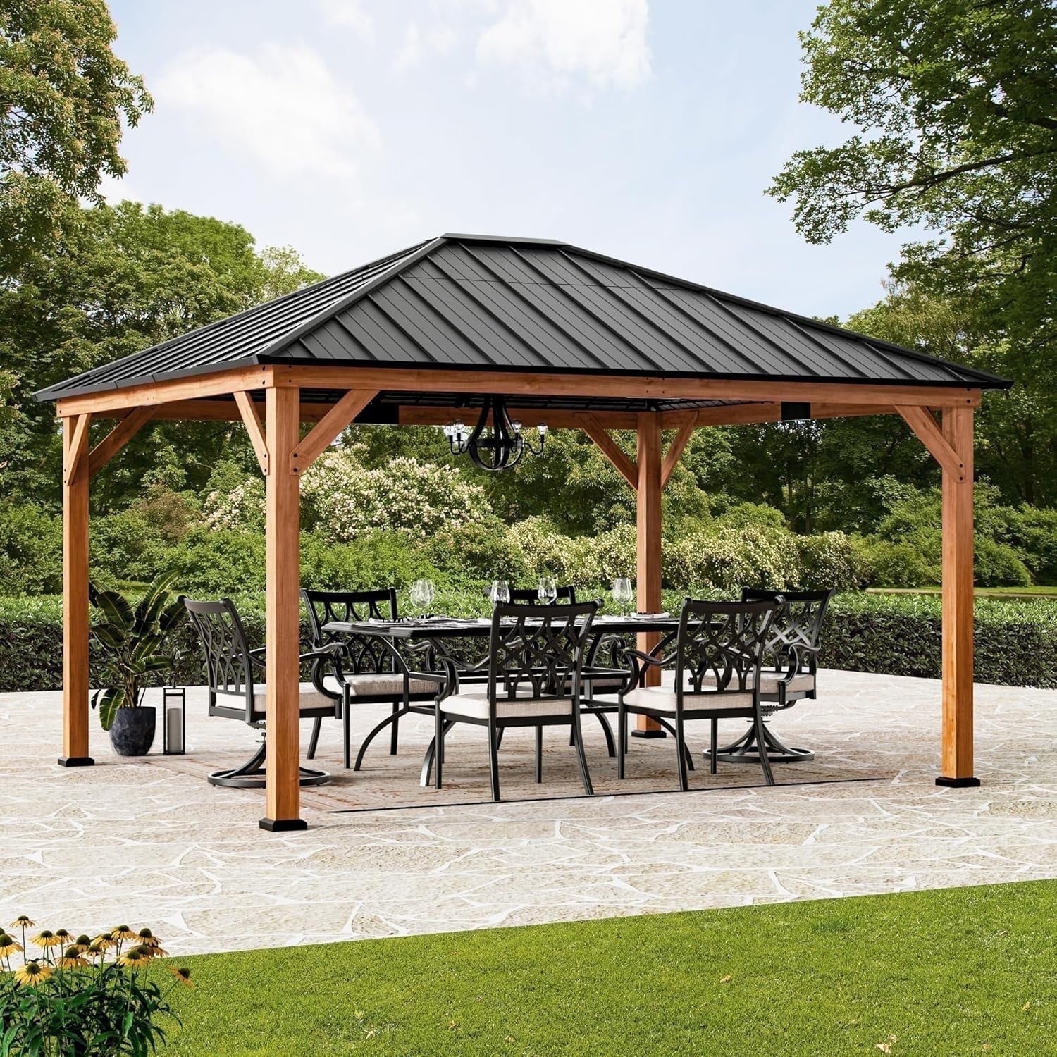 Modern Shade 12'x 14'Outdoor Cedar Wood Hardtop Gazebo with Galvanized Steel Roof for Patio or Backyard