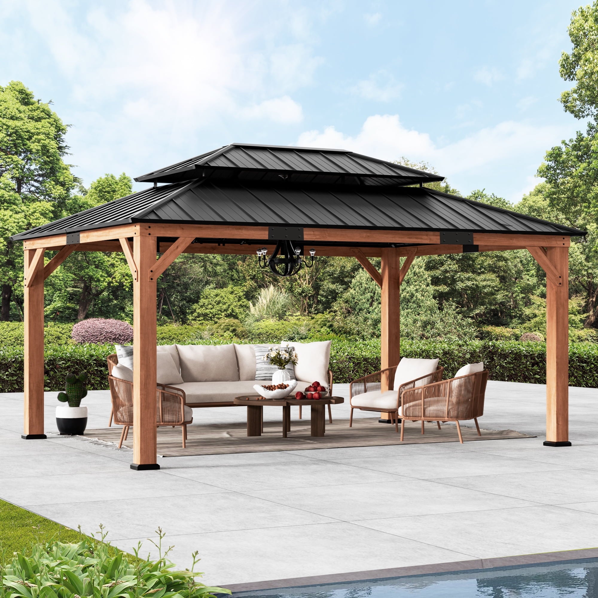 Modern Shade 12'x16'Outdoor Cedar Wood Hardtop Gazebo with Double Steel Roof, Hooks, for Backyard, Patio or Deck