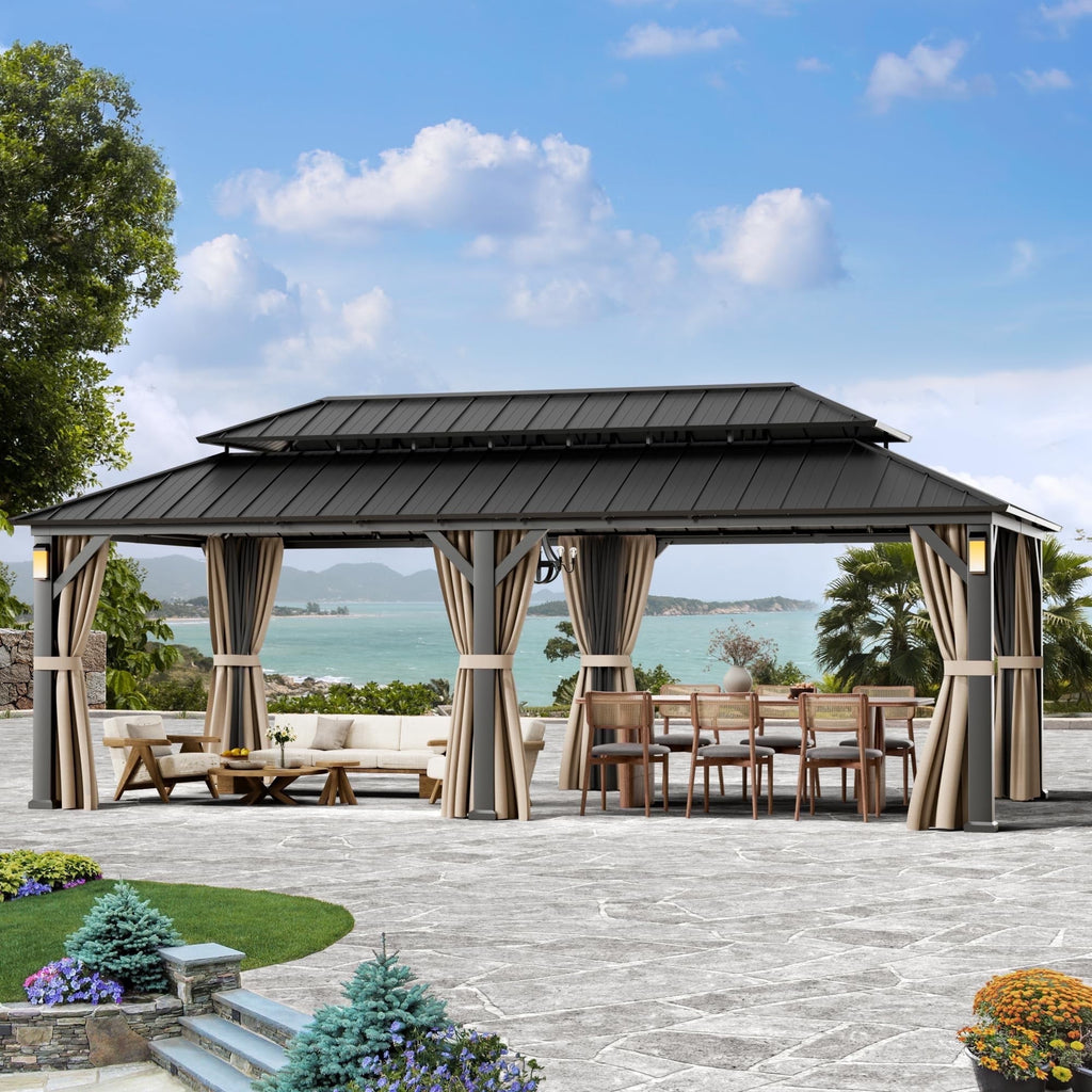 Modern Shade 12'x24' Steel Hardtop Gazebo with Galvanized Double Roof & 4 LEDs Weatherproof Pavilion with Mosquito Netting, Curtains Hooks Black