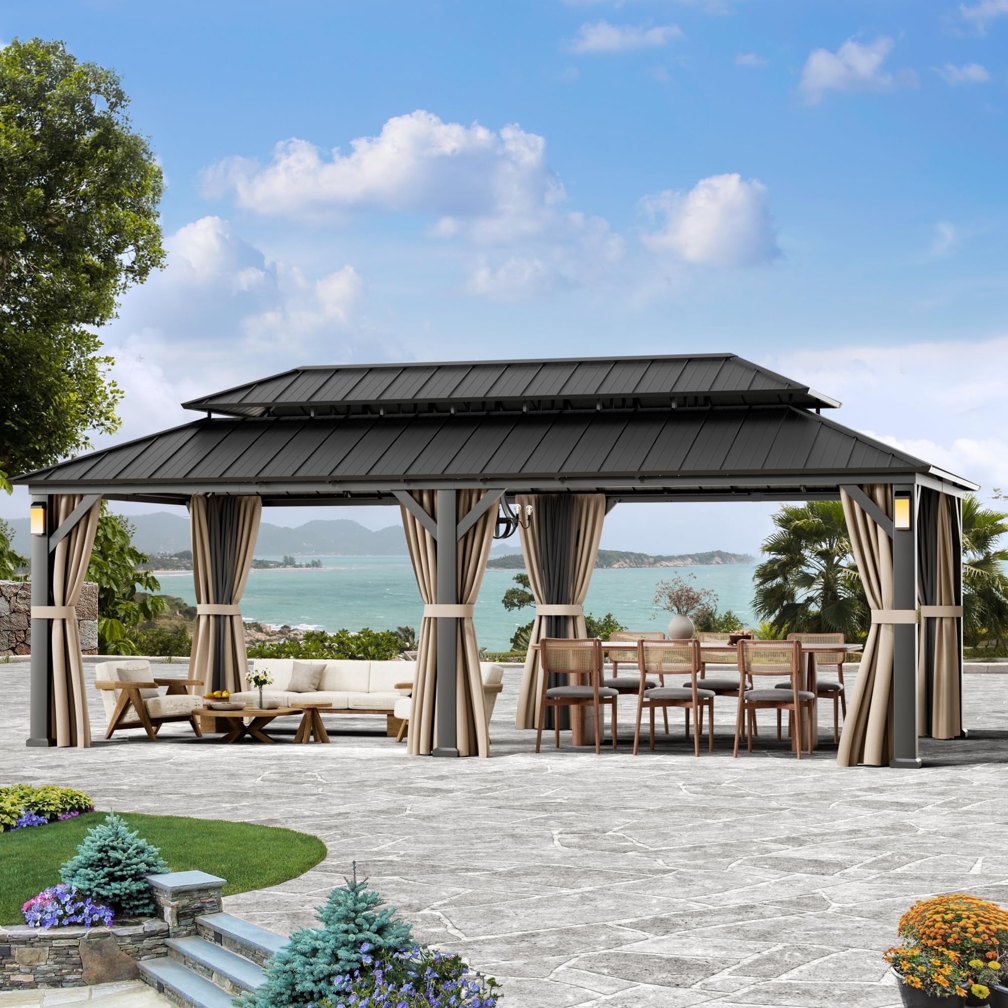 Modern Shade 12'x24' Steel Hardtop Gazebo with Galvanized Double Roof & 4 LEDs Weatherproof Pavilion with Mosquito Netting, Curtains Hooks Black