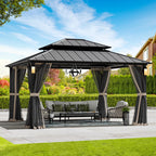 Modern Shade Hardtop Gazebo 12' x 14' with 4 LED Lights, Permanent Gazebo with Double Galvanized Steel Roof for Outdoor Backyard, Brown