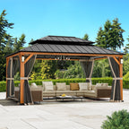 Modern Shade Hardtop Gazebo 12' x 16' with 4 LED Lights, Permanent Gazebo with Double Galvanized Steel Roof for Outdoor Backyard, Brown