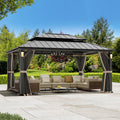 Modern Shade Hardtop Gazebo 12' x 16' with 4 LED Lights, Permanent Gazebo with Double Galvanized Steel Roof for Outdoor Backyard, Brown