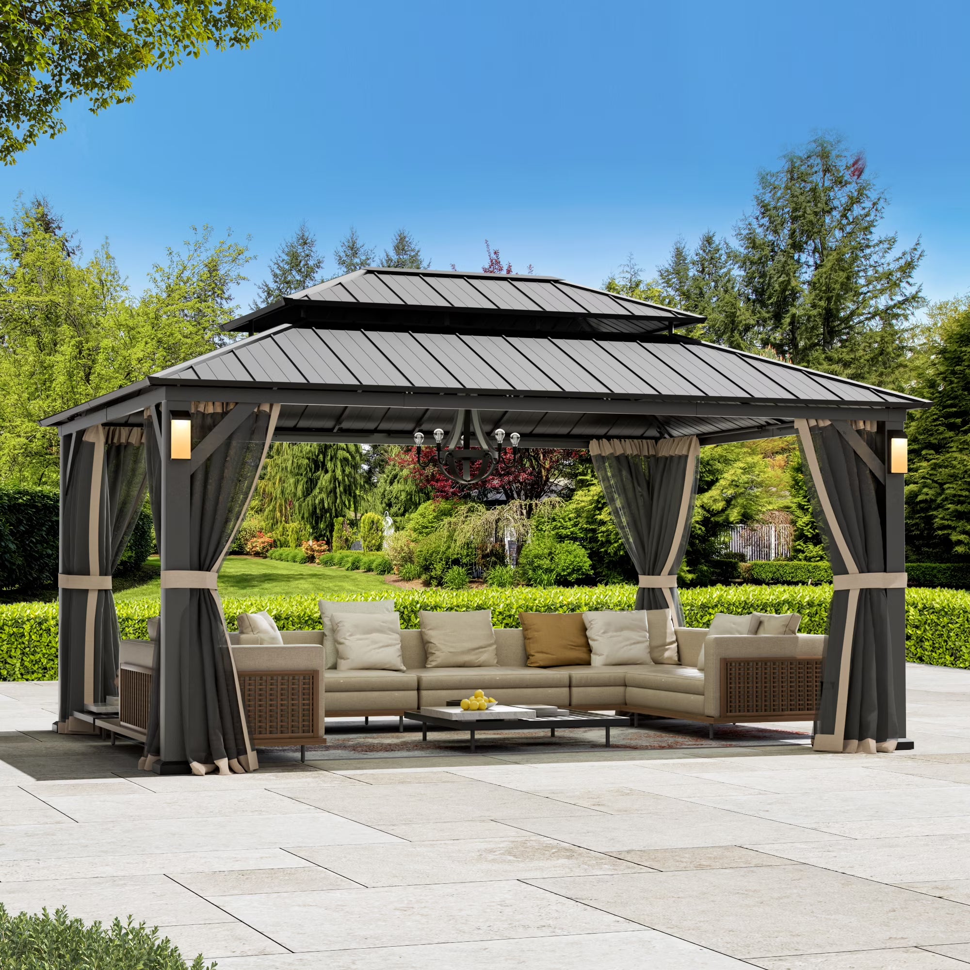 Modern Shade Hardtop Gazebo 12' x 16' with 4 LED Lights, Permanent Gazebo with Double Galvanized Steel Roof for Outdoor Backyard, Brown