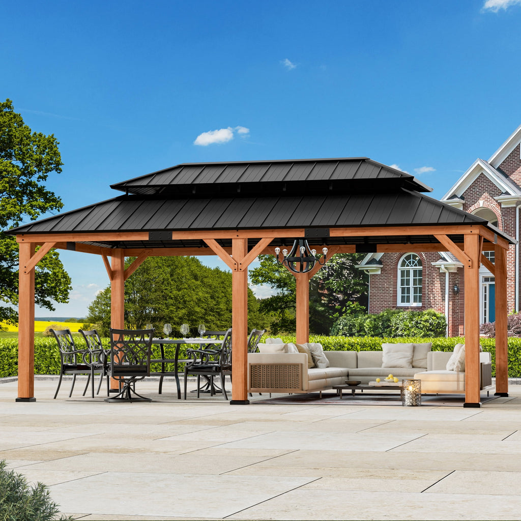 Modern Shade Rosewood 12'x20’Hardtop Gazebo,Cedar Framed Rosewood Pavilion with Double Galvanized Steel Roof,Permanent Patio Gazebo for Outdoor Brown