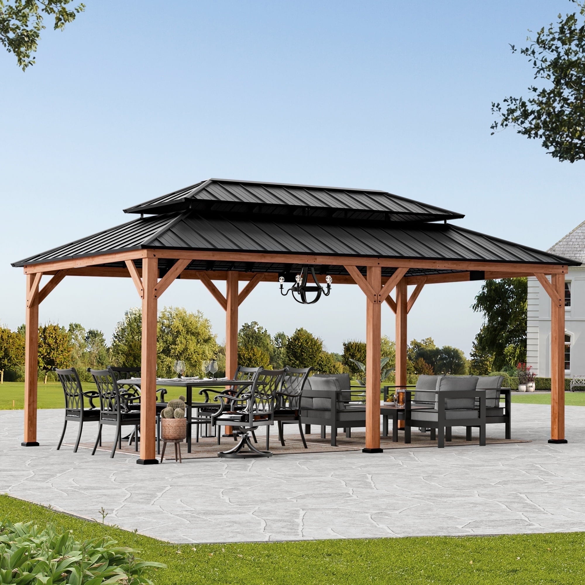 Modern Shade 12'x20'Outdoor Cedar Wood Hardtop Gazebo with Double Steel Roof, Hooks, for Backyard, Patio or Deck