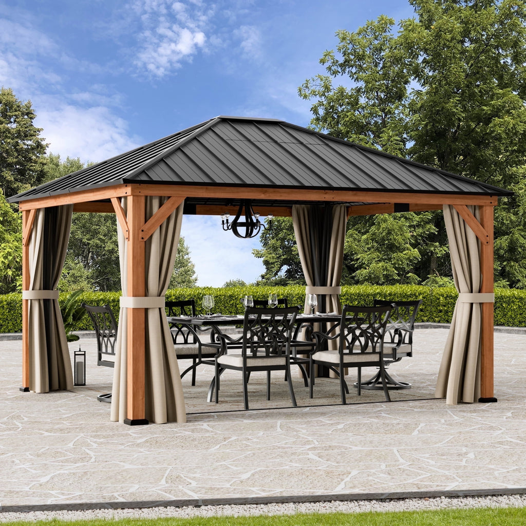 Modern Shade 12'x 14'Outdoor Cedar Wood Hardtop Gazebo with Galvanized Steel Roof and Mosquito Net for Patio or Backyard