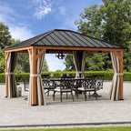 Modern Shade 12'x 14'Outdoor Cedar Wood Hardtop Gazebo with Galvanized Steel Roof and Mosquito Net for Patio or Backyard