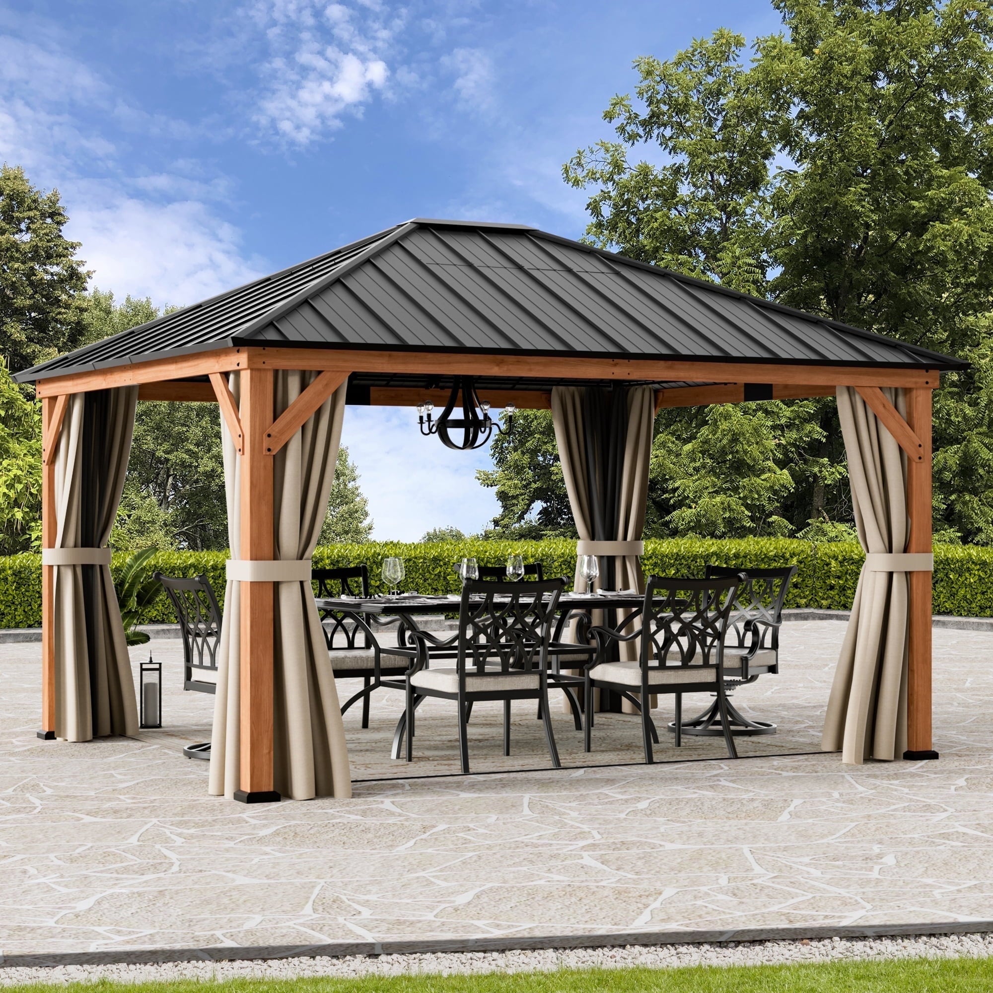 Modern Shade 12'x 14'Outdoor Cedar Wood Hardtop Gazebo with Galvanized Steel Roof and Mosquito Net for Patio or Backyard