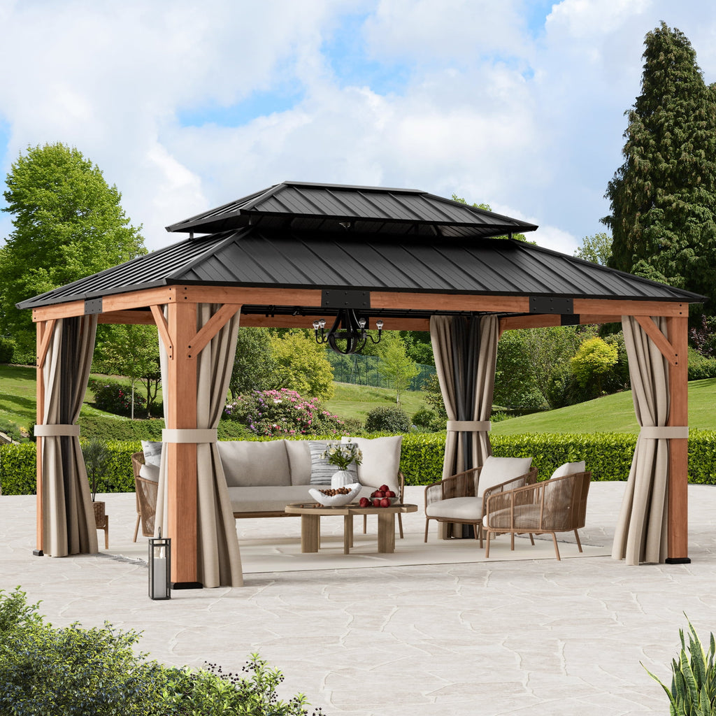 Modern Shade 12'x16'Outdoor Cedar Wood Hardtop Gazebo with Double Steel Roof, Mosquito Net Rods for Backyard Use
