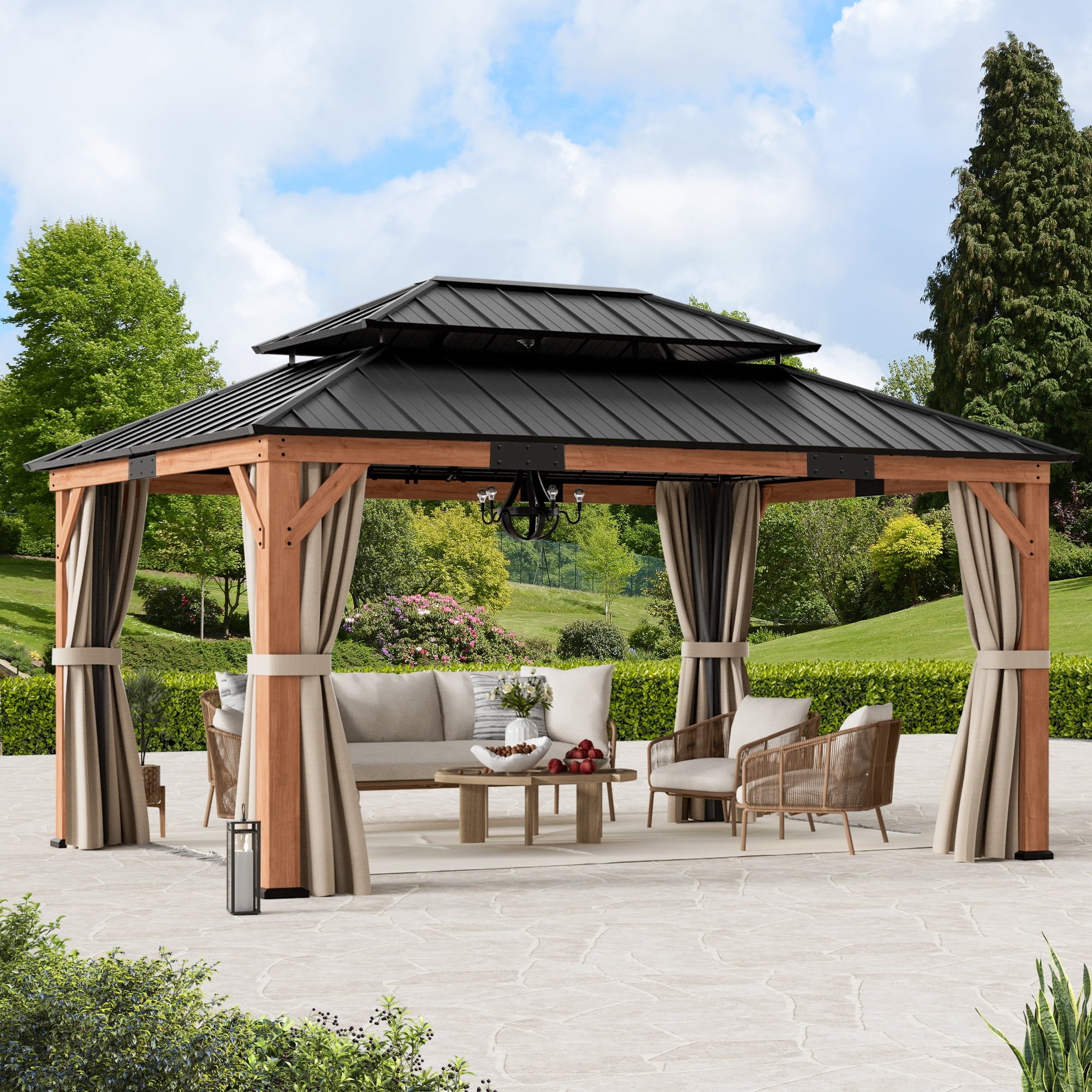 Modern Shade 12'x16'Outdoor Cedar Wood Hardtop Gazebo with Double Steel Roof, Mosquito Net Rods for Backyard Use