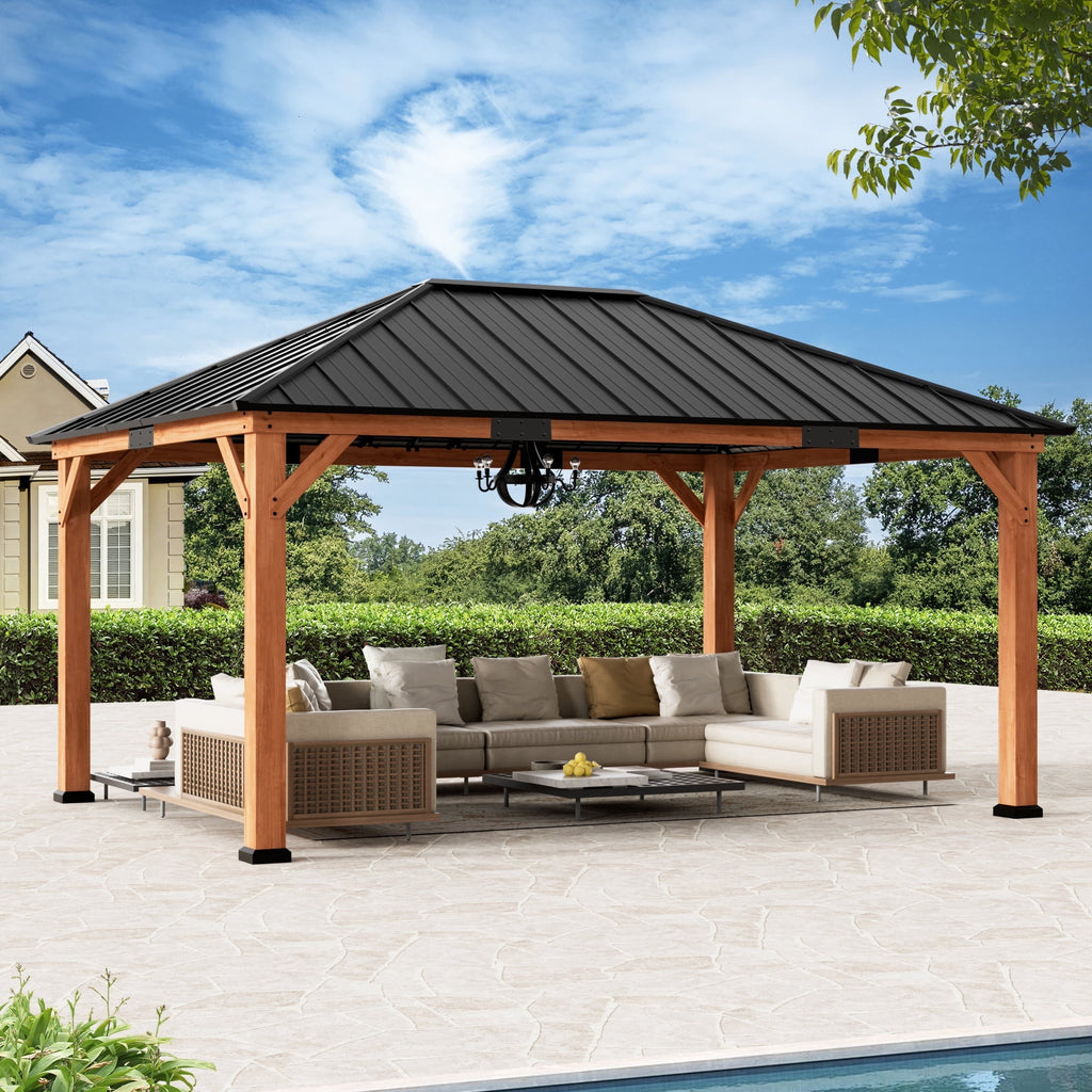 Modern Shade 12'x 16'Outdoor Cedar Wood Hardtop Gazebo with Galvanized Steel Roof for Patio or Backyard