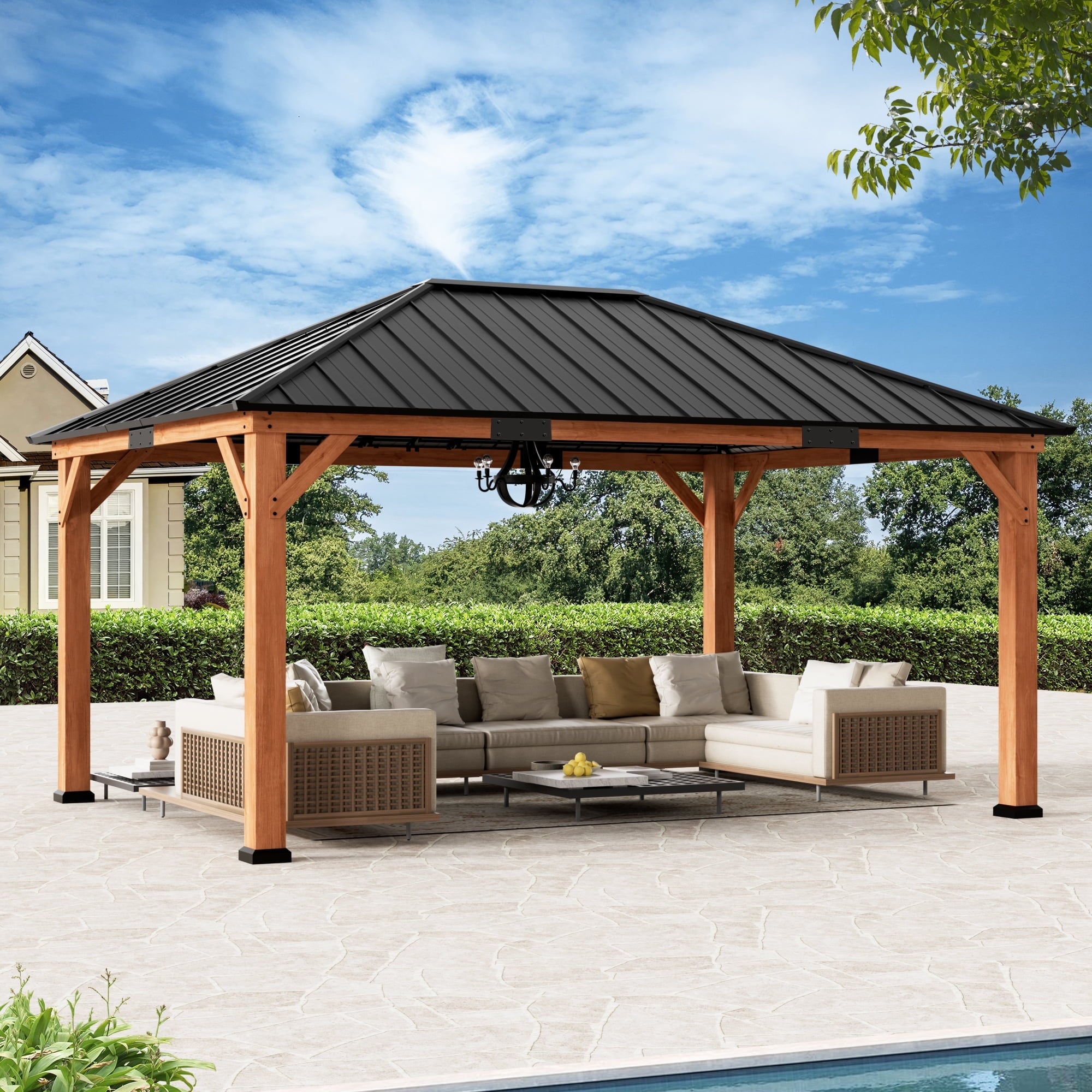 Modern Shade 12'x 16'Outdoor Cedar Wood Hardtop Gazebo with Galvanized Steel Roof for Patio or Backyard