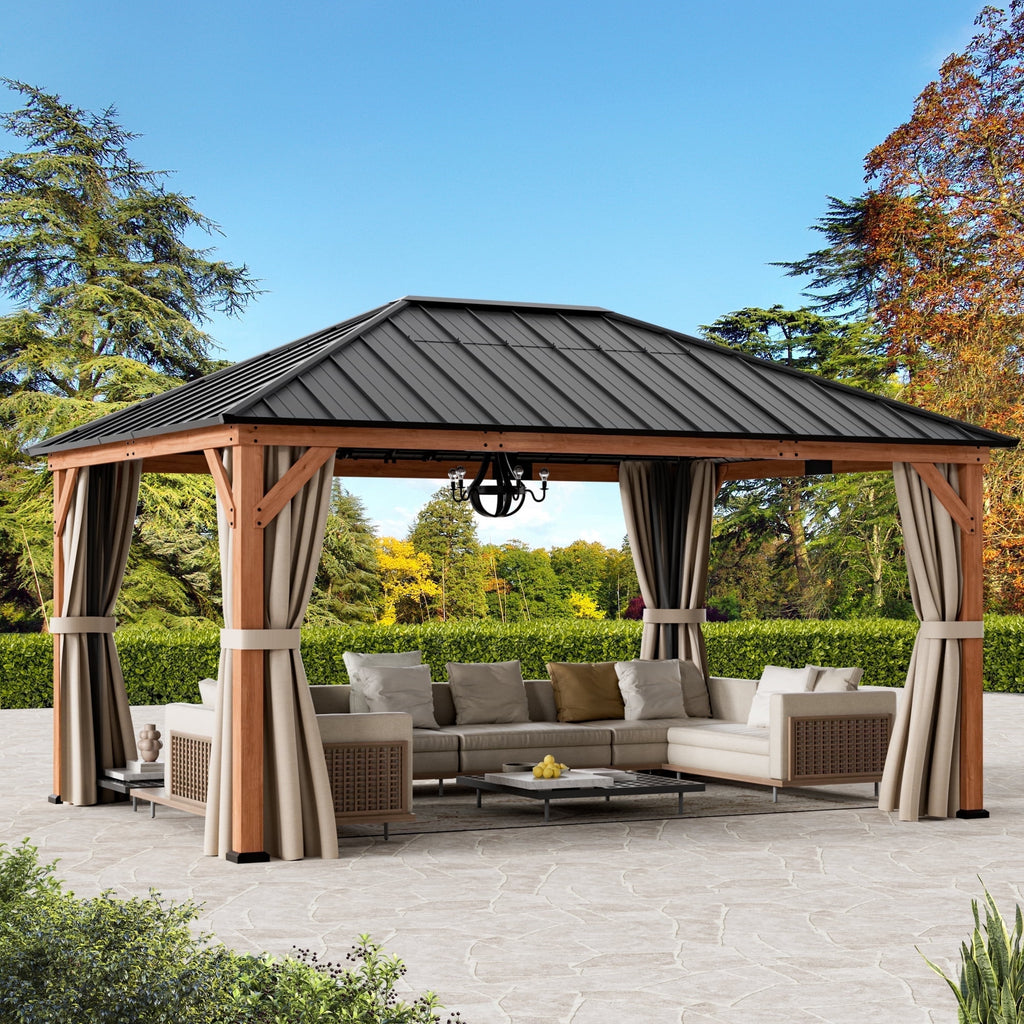 Modern Shade 12'x 16'Outdoor Cedar Wood Hardtop Gazebo with Galvanized Steel Roof and Mosquito Net for Patio or Backyard