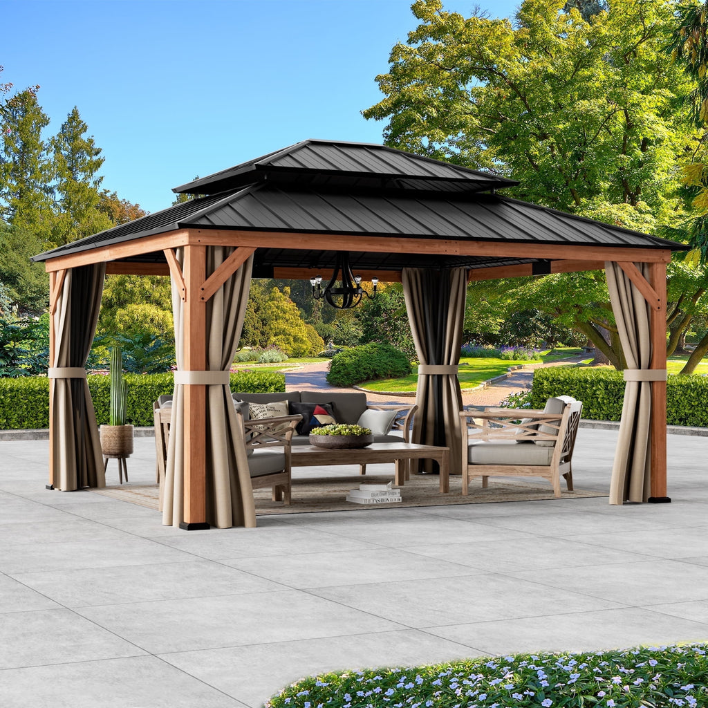 Modern Shade 13'x15'Outdoor Cedar Wood Hardtop Gazebo with Double Steel Roof, Mosquito Net Rods for Backyard Use