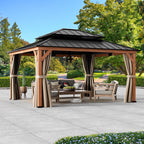 Modern Shade 13'x15'Outdoor Cedar Wood Hardtop Gazebo with Double Steel Roof, Mosquito Net Rods for Backyard Use