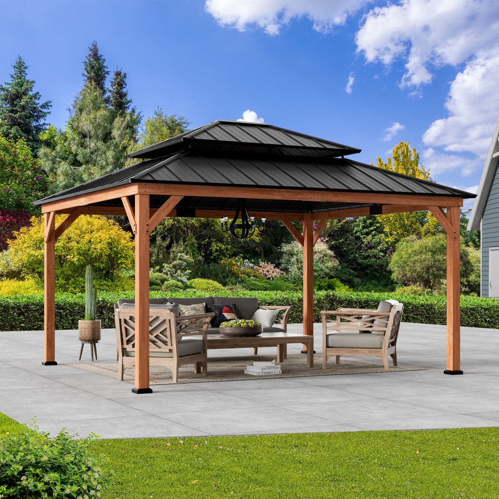 Modern Shade 13'x15'Outdoor Cedar Wood Hardtop Gazebo with Double Steel Roof, Hooks, for Backyard, Patio or Deck