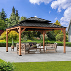 Modern Shade 13'x15'Outdoor Cedar Wood Hardtop Gazebo with Double Steel Roof, Hooks, for Backyard, Patio or Deck