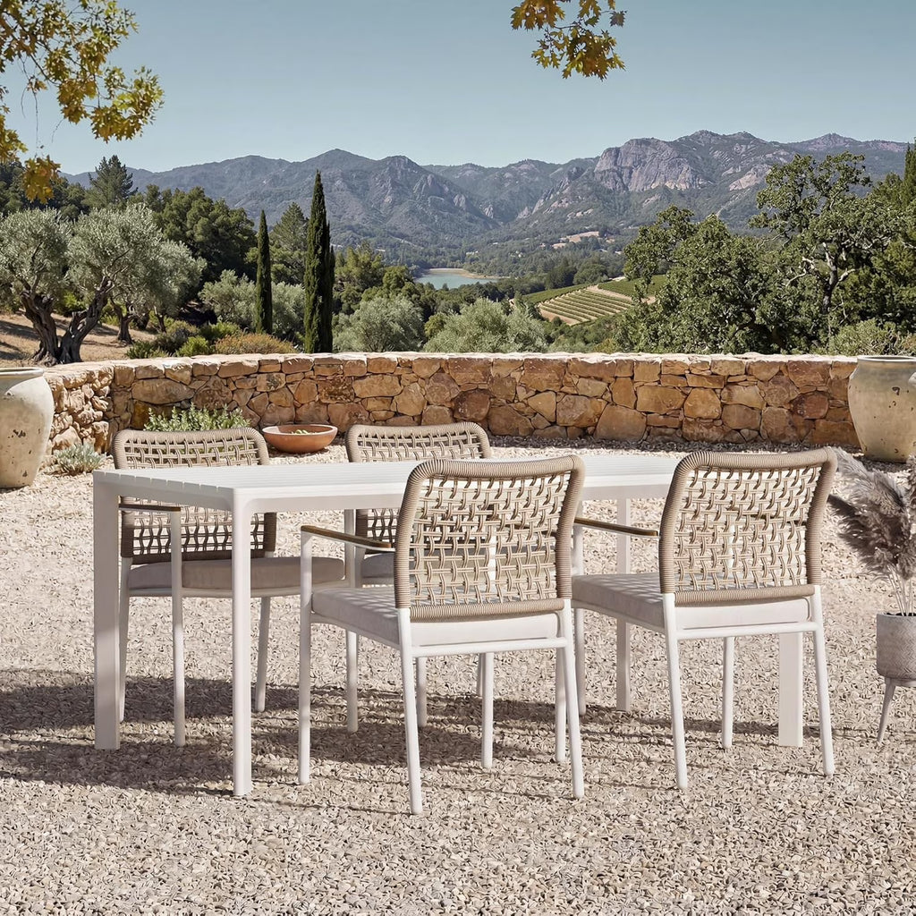 Modern Shade 5-Piece Luxury Outdoor Dining Set, Aluminum Table & Chairs with Fade-Resistant Cushions & FSC Teak, Premium Patio Furniture for Elegant Outdoor Living, Beige
