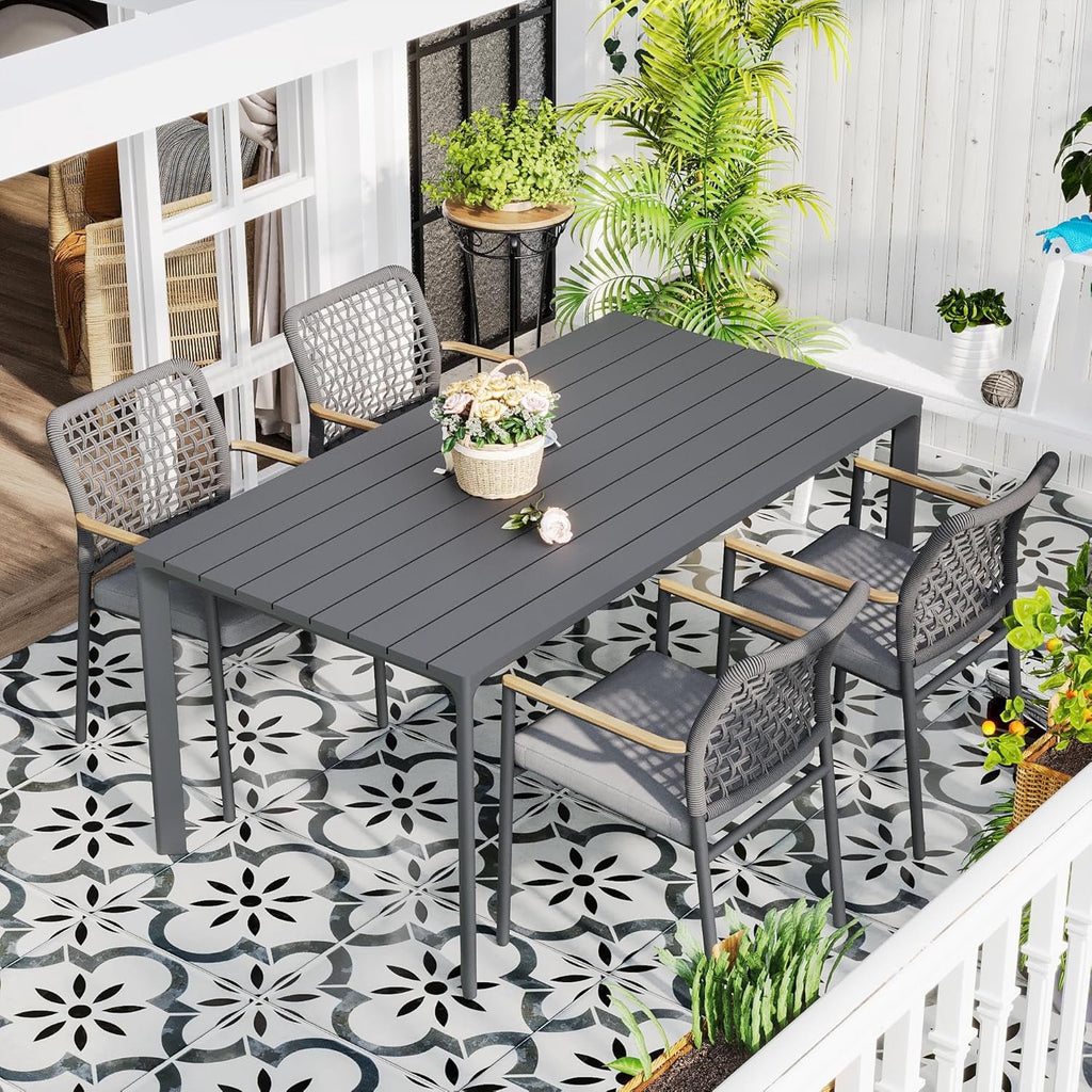 Modern Shade 5-Piece Luxury Outdoor Dining Set, Aluminum Table & Chairs with Fade-Resistant Cushions & FSC Teak, Gray
