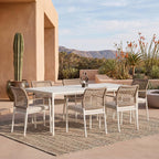 Modern Shade 7-Piece Luxury Outdoor Dining Set, Aluminum Table & Chairs with Fade-Resistant Cushions & Teak Accents, Beige