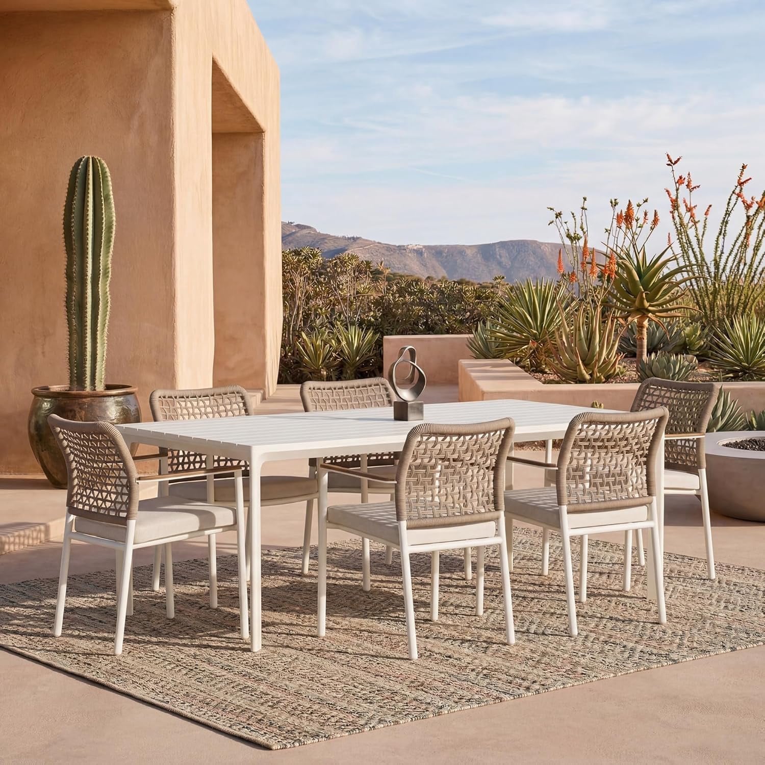 Modern Shade 7-Piece Luxury Outdoor Dining Set, Aluminum Table & Chairs with Fade-Resistant Cushions & Teak Accents, Beige