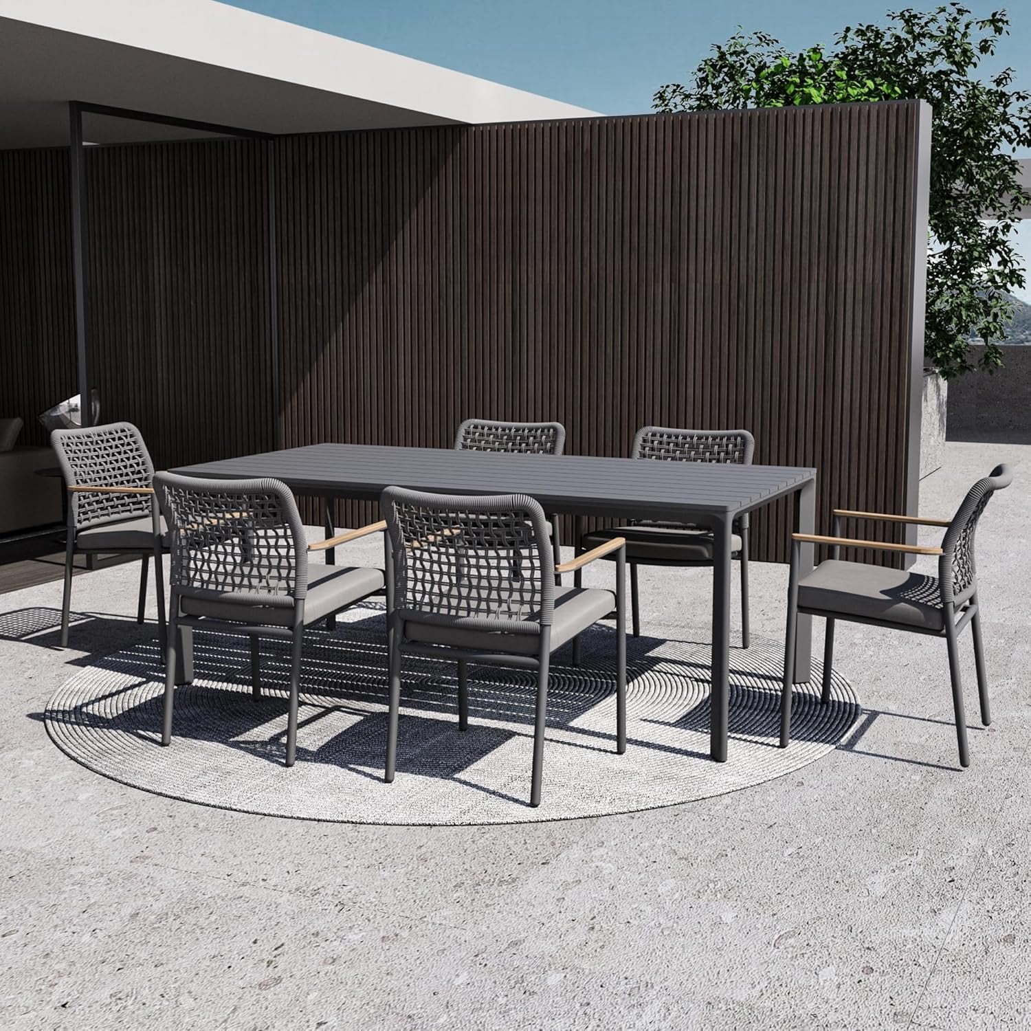 Modern Shade 7-Piece Luxury Outdoor Dining Set, Aluminum Table & Chairs with Fade-Resistant Cushions & Teak Accents, Gray