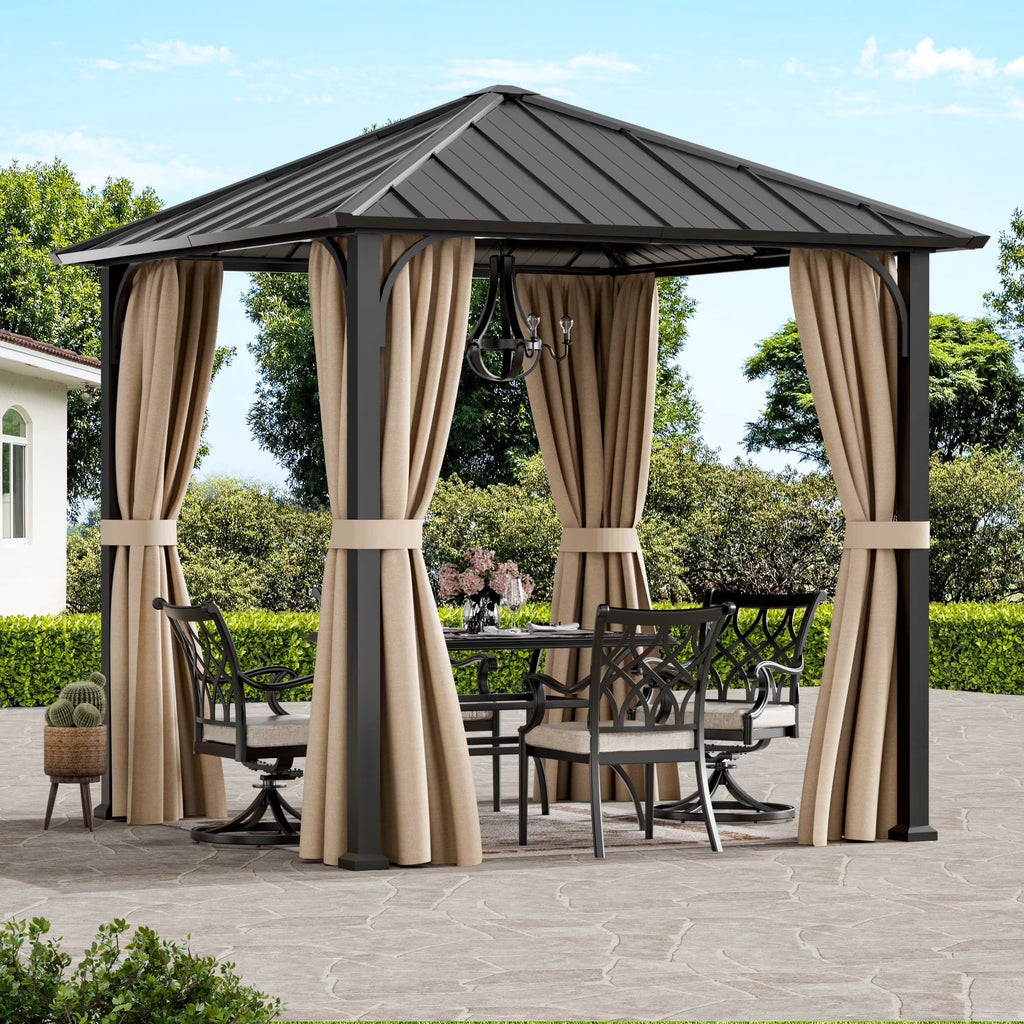 Modern Shade 8'x8' Permanent Hardtop Gazebo Galvanized Steel Roof Detachable Curtains Patio Garden Pavilio