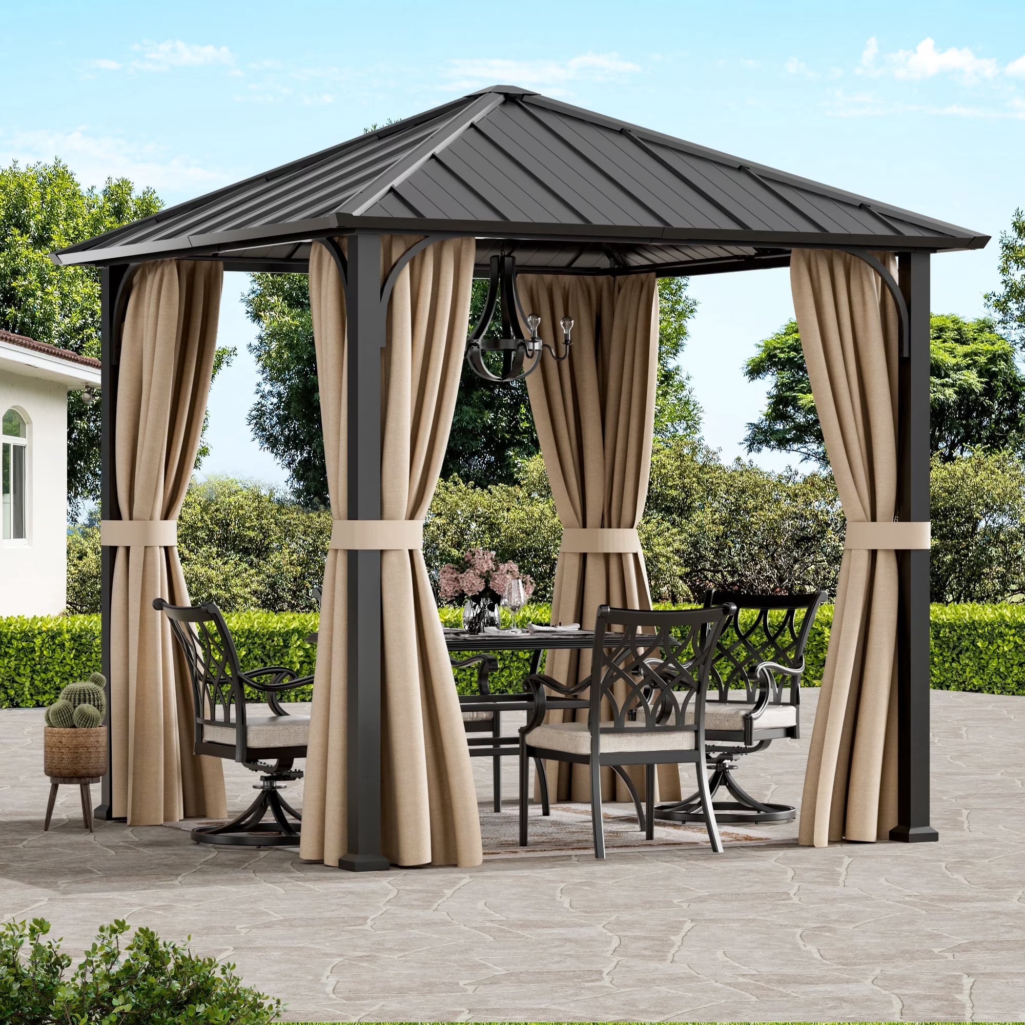 Modern Shade 8'x8' Permanent Hardtop Gazebo Galvanized Steel Roof Detachable Curtains Patio Garden Pavilio