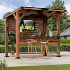 Modern Shade Cedar Wood Entertainment Gazebo with Hardtop Roof, Grill Bar Center, Shelves, TV Mount & Power Strip for Patio or Garden