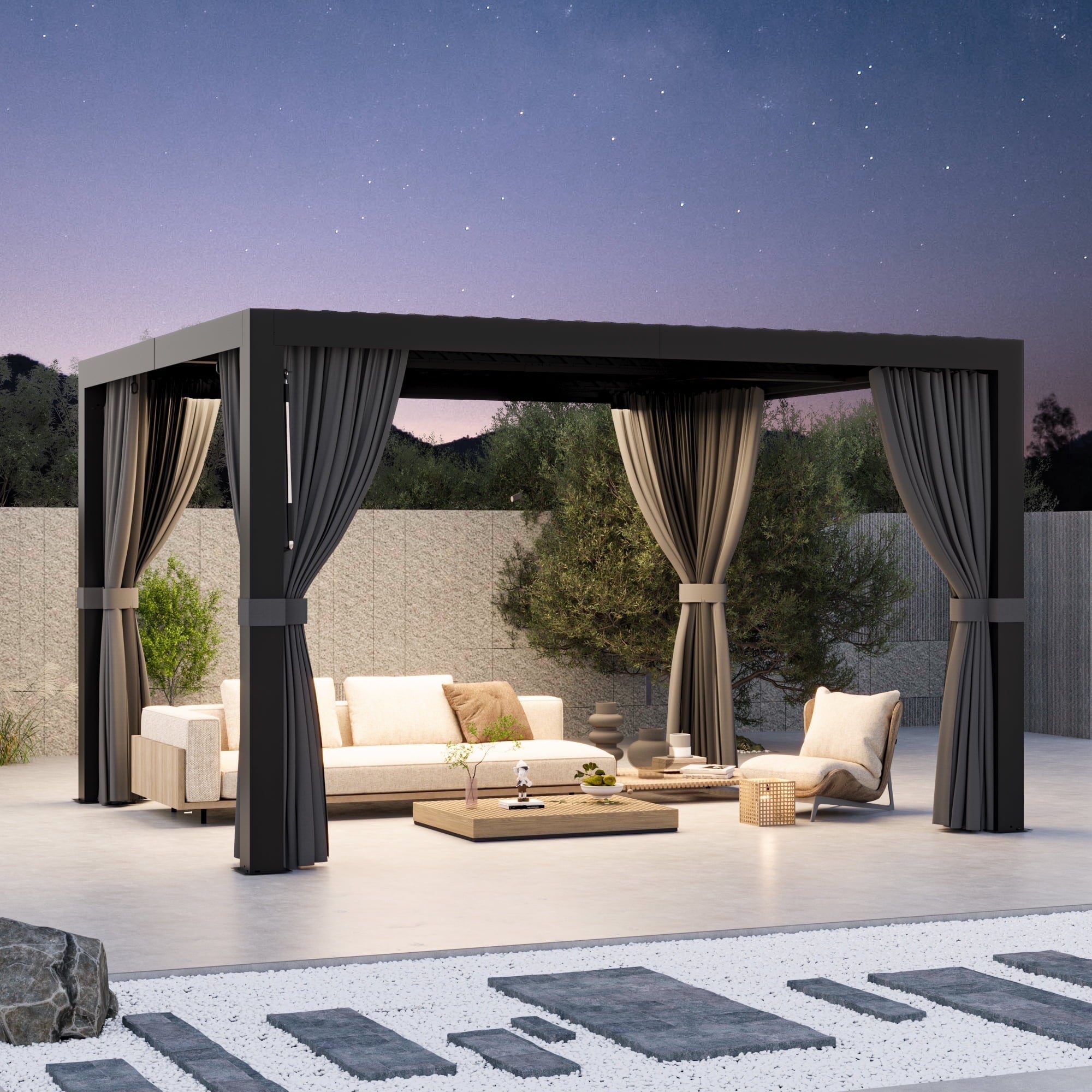 Modern Shade 10'x12' Louvered Pergola w/USB & Auto Drainage Weatherproof Outdoor Structure with Retractable Netting/Curtains for Patio Garden Black