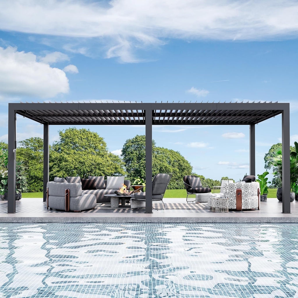 Modern Shade 10'x20' Louvered Pergola Waterproof adjustable roof with USB charging deck, reinforced steel frame and integrated drainage system