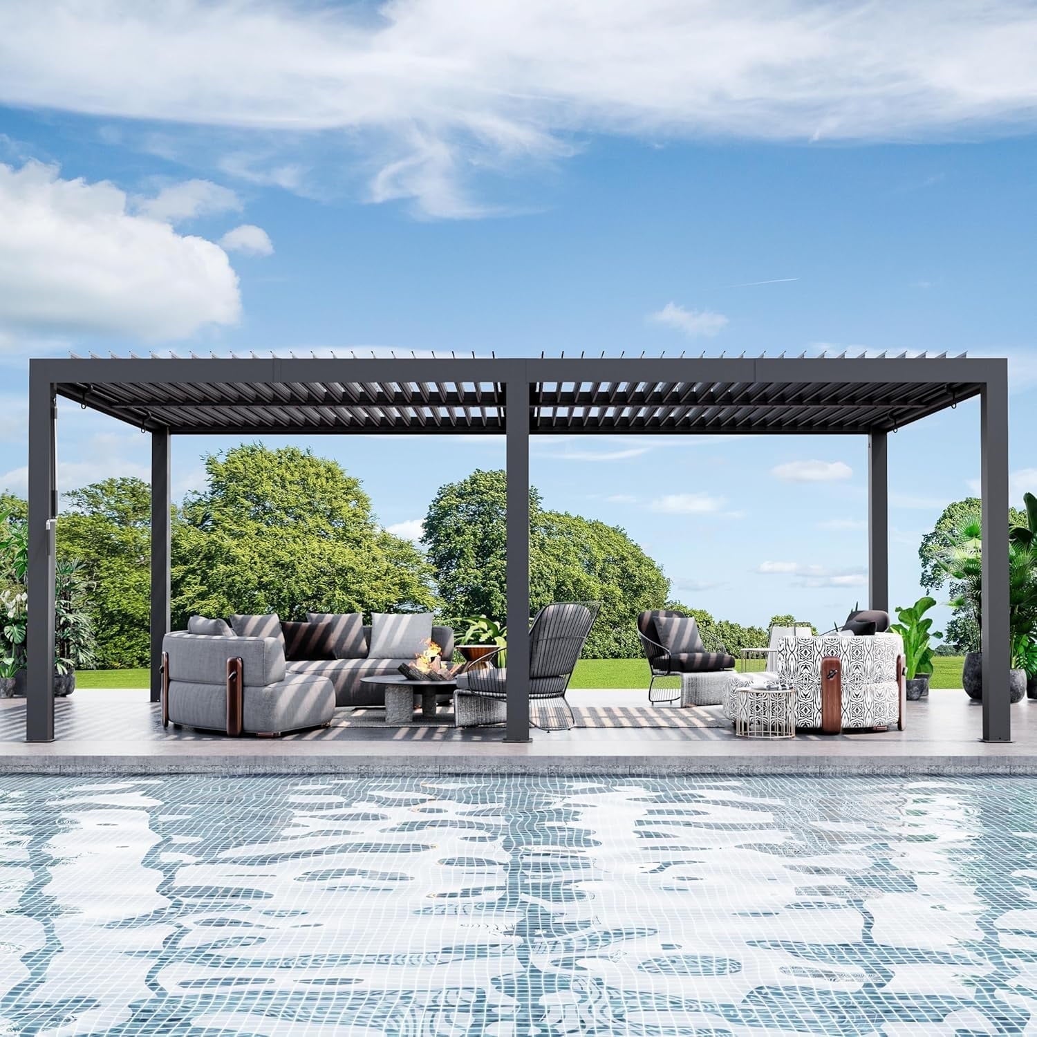 Modern Shade 10'x20' Louvered Pergola Waterproof adjustable roof with USB charging deck, reinforced steel frame and integrated drainage system