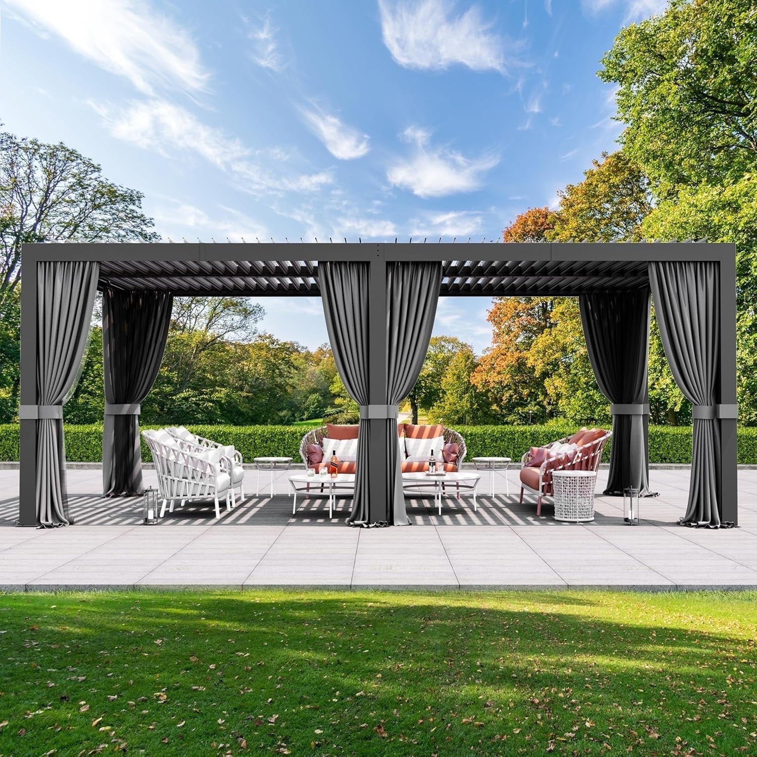 Modern Shade 10‘x20’ Louvered Pergola Reinforced Steel Frame USB Charging Weatherproof Drainage Adjustable Net Curtains Black