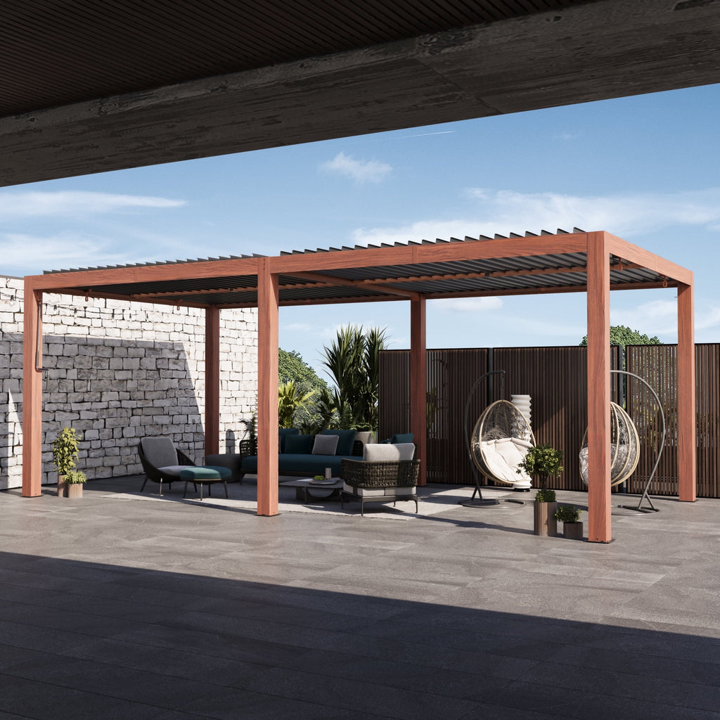 Modern Shade 10‘x20’ Louvered Pergola Heavy Duty Steel Frame Adjustable Waterproof Roof USB Charging Deck Wood Grain Finish Integrated Drainage